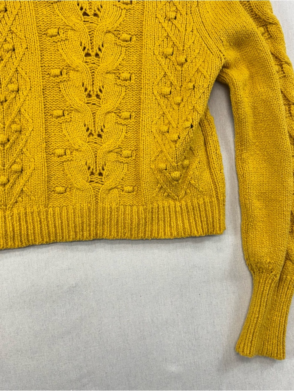 Anthropologie Mustard Yellow Cable Knit Puff Sleeve Cardigan Sweater Sz M - Picture 14 of 15